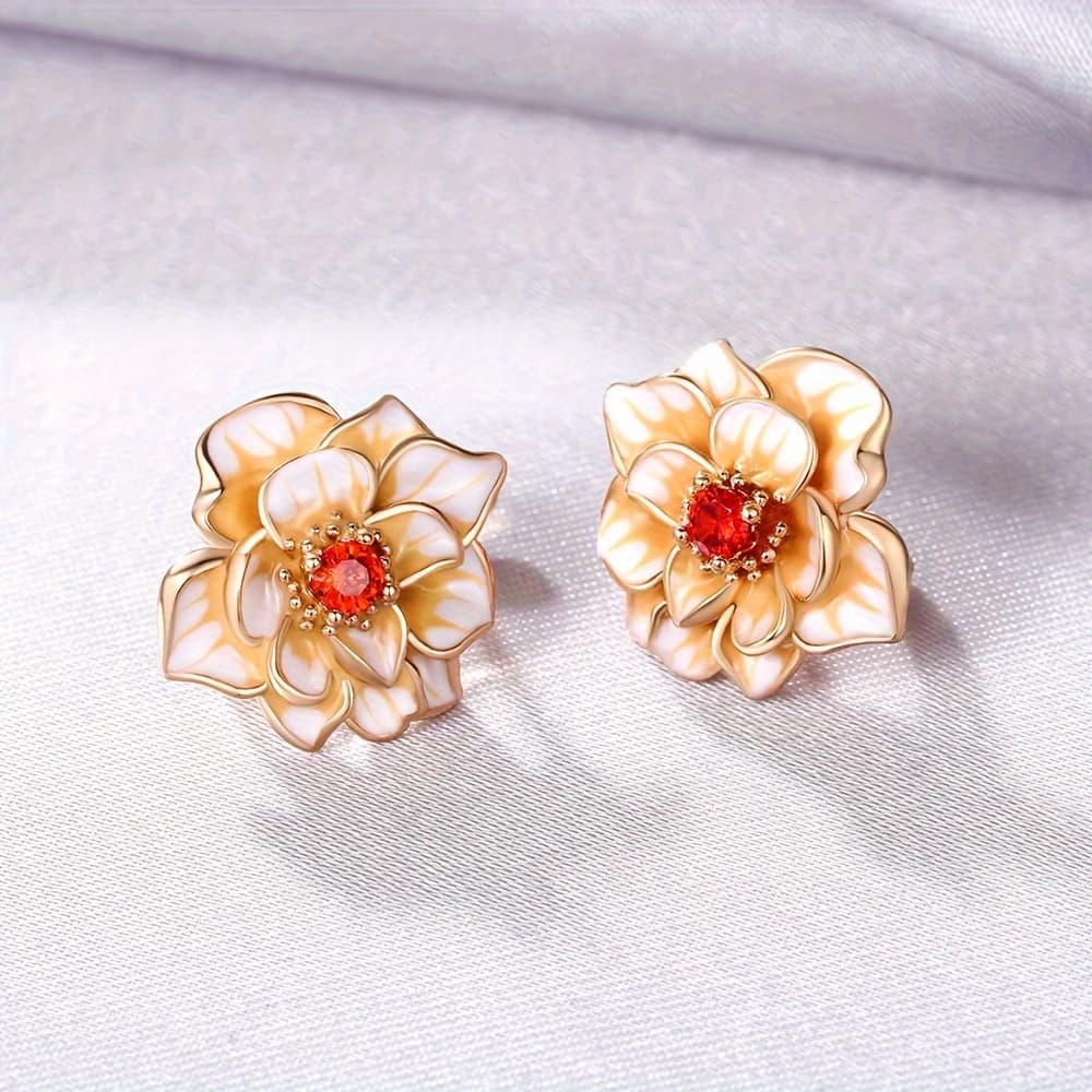 TEMU Retro Elegant Floral Inlaid Red Synthetic Zirconia Ring Earrings Women's Engagement Wedding Ear Jewelry Party Vacation Daily Additions