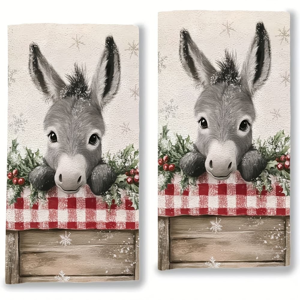 TEMU 2pcs Festive Donkey Kitchen Towels - Ultra Soft, Absorbent Polyester Dish Hand Towels, Christmas Style With Snowflakes & Holly, Machine Washable, 16x24 Inch, Dish Towels