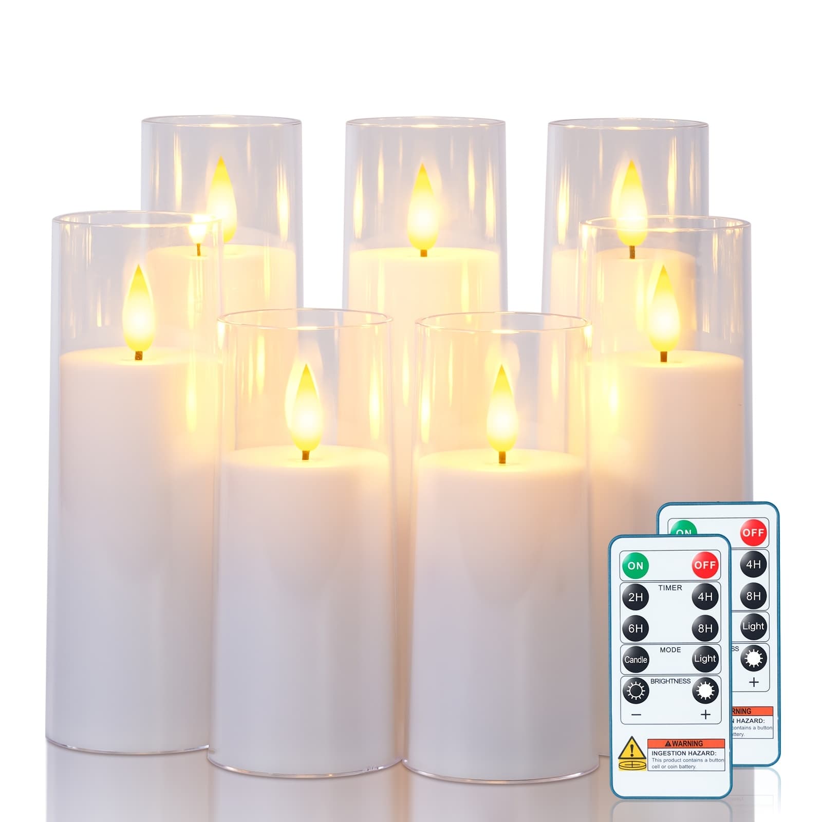 TEMU Flameless Candles With Remote, Battery Operated Candles With Timer, Acrylic Flickering Led Candles For Christmas Halloween, , Wedding Decor, Warm Yellow Glow, D2.2 Xh5" 5" 6"6" 7" 7"7", Set Of 7