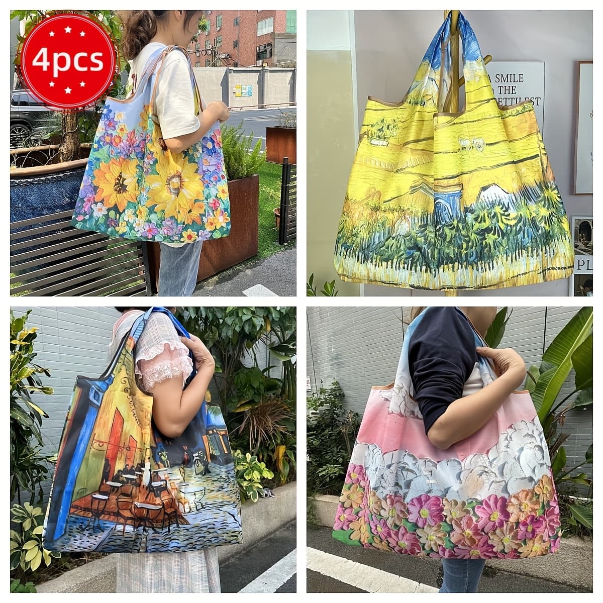 TEMU Set Of 4 Collapsible Large Shopping Bags - Lightweight And Convenient For Carrying Groceries - Packable Tote That Fits Into A Grocery Bag