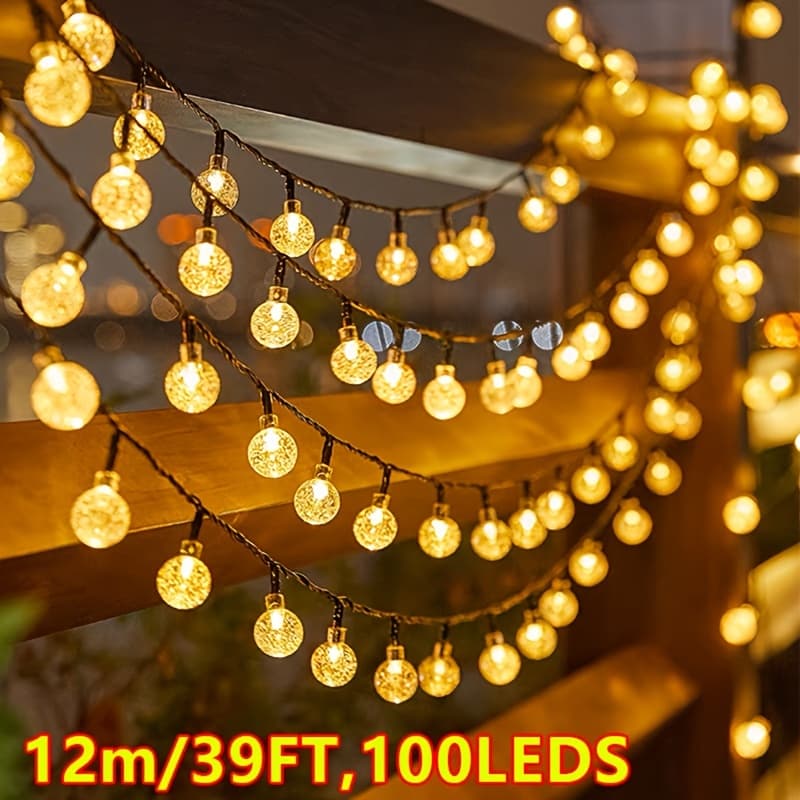 TEMU 1pc 12m/39ft, 100leds Solar Crystal Bubble Ball String Light 8 Light Outdoor Ip65 Waterproof, Spherical String Lights For Wedding Garden Garden Camping Tent Party Holiday Decoration
