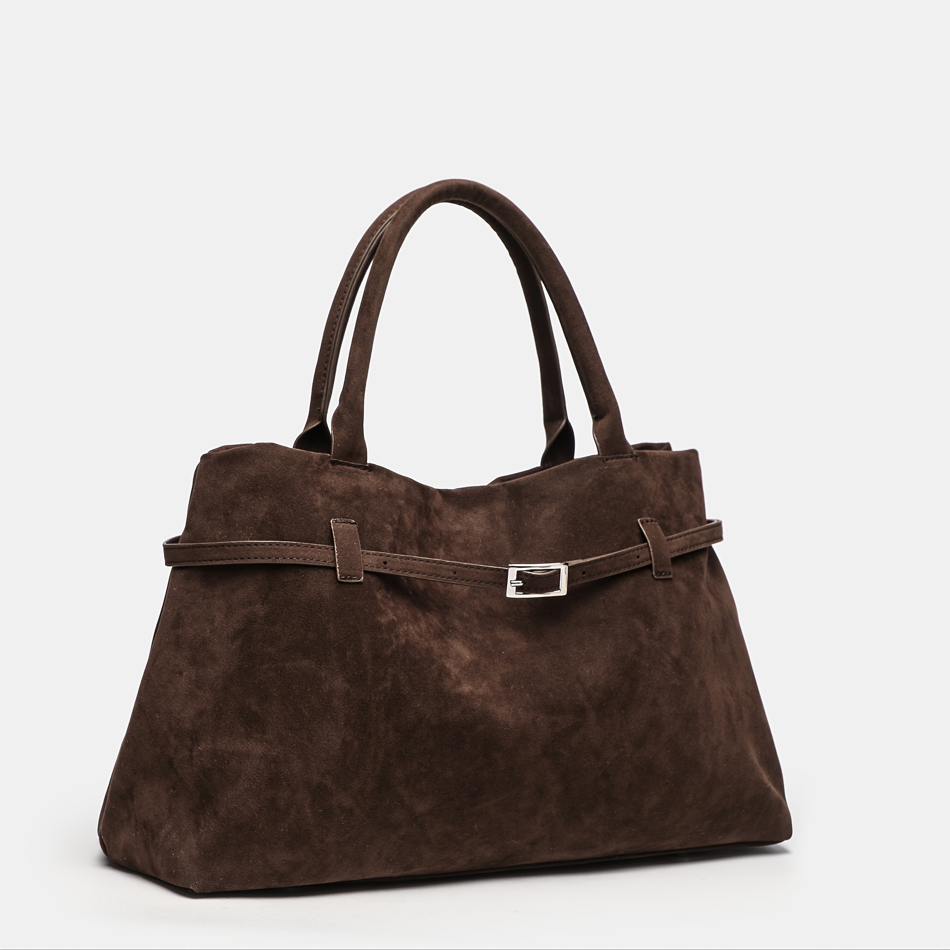 TEMU 2026 New Matte Suede Belt Hand-held Tote Bag | Light Brown, Vintage Style, Nylon Material, Magnet Closure, Includes Messenger Bag, Faux Leather Lining, Fixed Shoulder Straps
