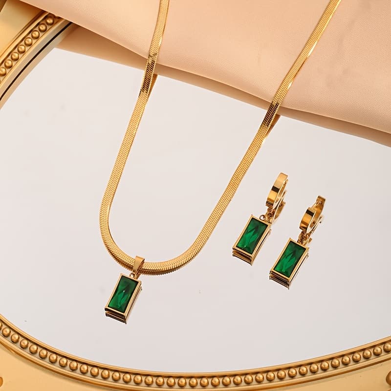 TEMU 3pcs Elegant And Stylish Light Luxury Blade Chain Women's Necklace Set, Green Jewelry, Women's Snake Chain, Niche High-end -encrusted Collarbone Chain And Earrings, Suitable For Daily And Gifting