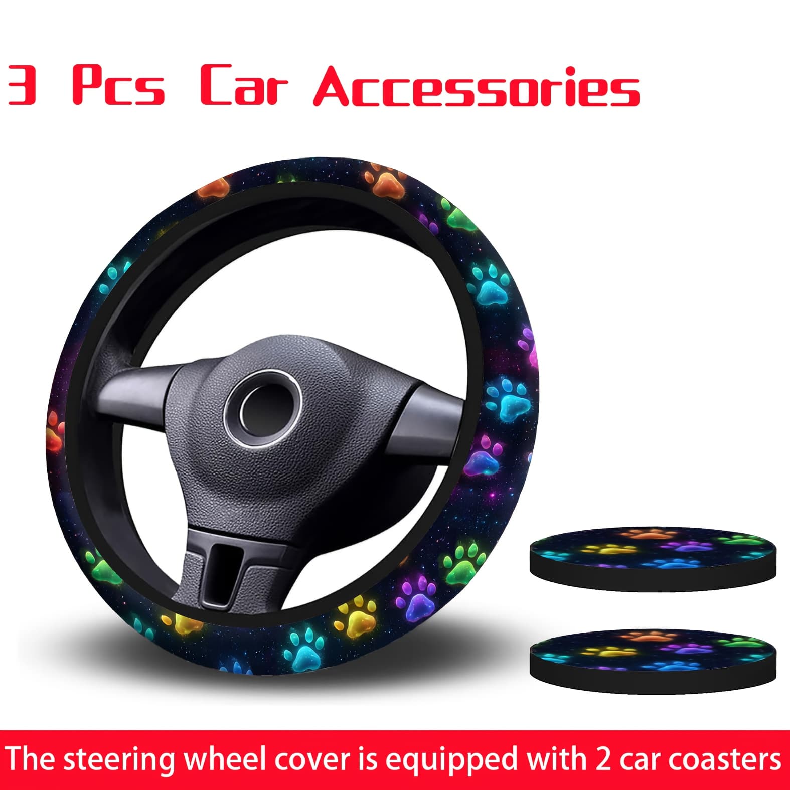 TEMU 3pcs Neon Paw Print Steering Wheel Cover, High For , Universal Size -15 Inches, Non-slip Grip, Includes 2 Cup Holders, Car Accessories