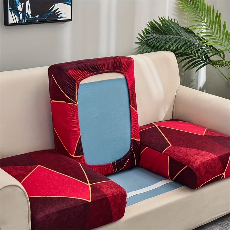 TEMU 3pcs Elastic Soft Sofa Cushion Cover - Living Room Sofa Furniture Protective Cover, Sofa Cushion Cover, Elastic To Install, Geometric Red And Blue Printing, Machine Washable, Decoration Universal