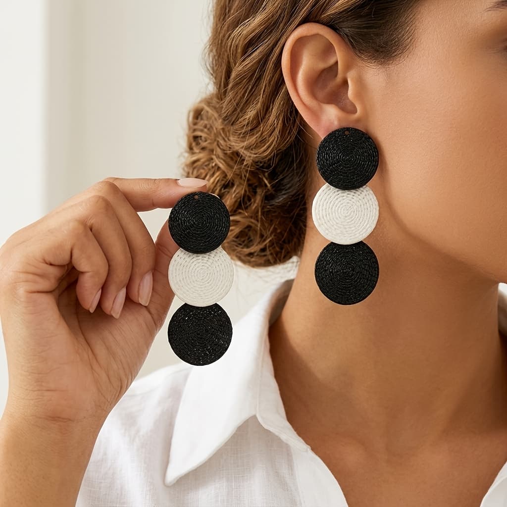 TEMU 1 Pair Retro Easy Individual 3-layer Black And White Contrast Woven Texture Round Long Earrings, Suitable For Daily All-match, Holiday Gift