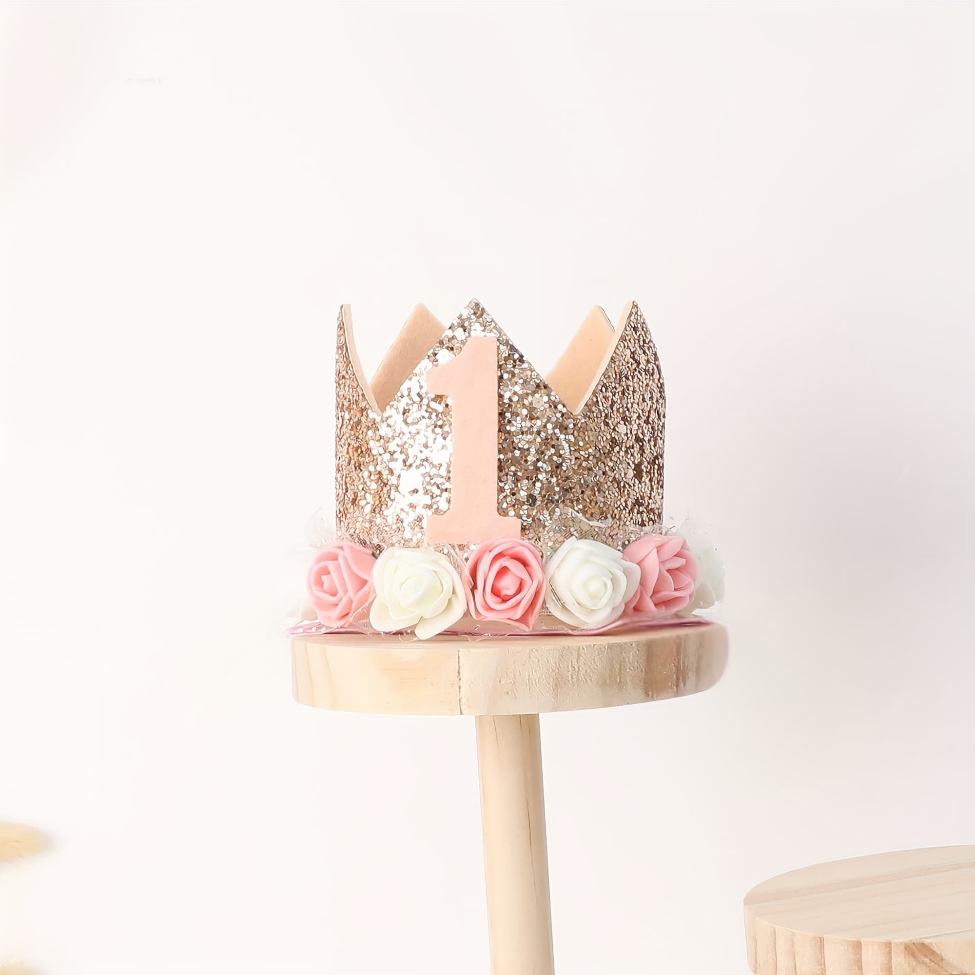 TEMU Handmade Birthday Hat With White Flowers And Pink Sequins, Felt Birthday Party Crown Sparkling