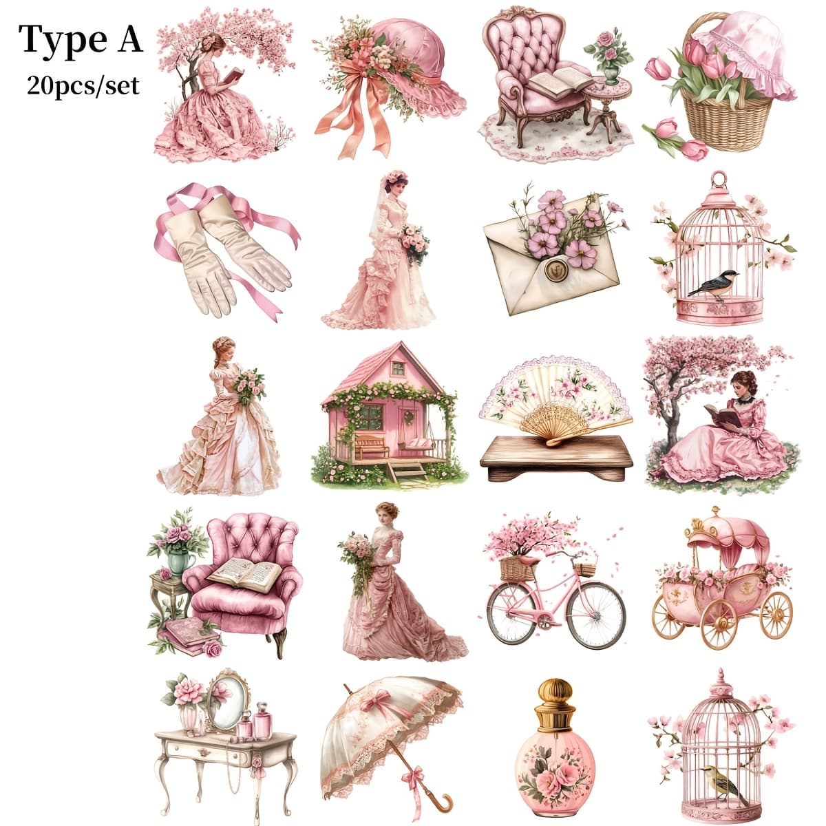 TEMU 20pcs/set Creative Retro Victorian Countryside Garden House Pink Dress Victorian Sticker Decoration Handmade Diary Sticker Decoration Travel Notebook Sticker Diary Sticker Magazine Decoration