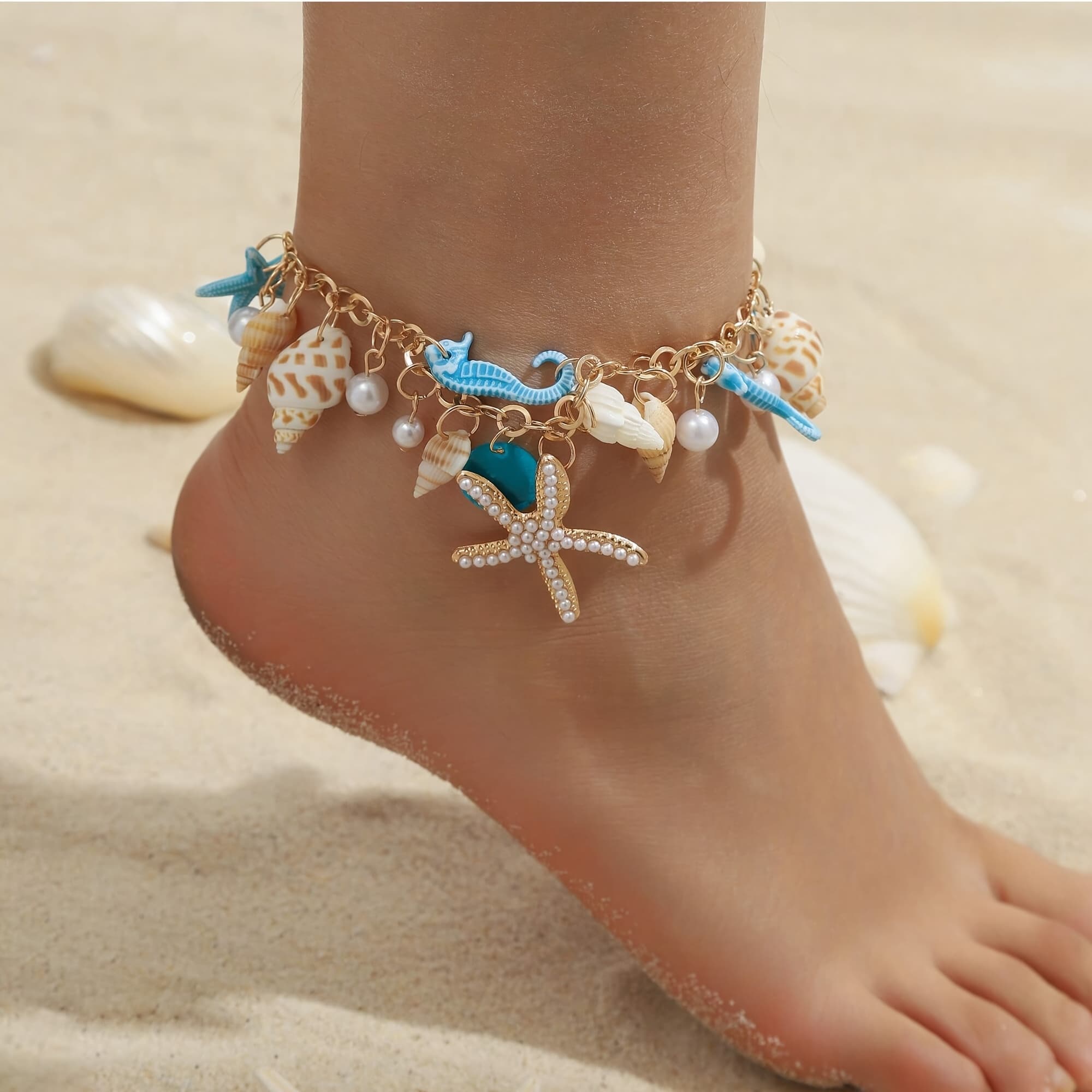 TEMU A Bohemian Beach-style Anklet Featuring A Starfish And Shell Design With Pearls, Perfect For Women's Foot Additions