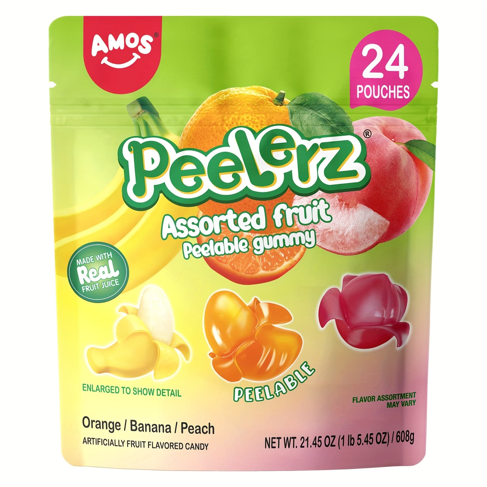 TEMU 24 Packs (608g) Of Amos Peelerz Assorted Peelable Gummy Candies, Featuring A Tropical Variety Including Peach, Orange, And Banana. These Individual Packs Are Fun, Chewy, And Perfect For Sharing