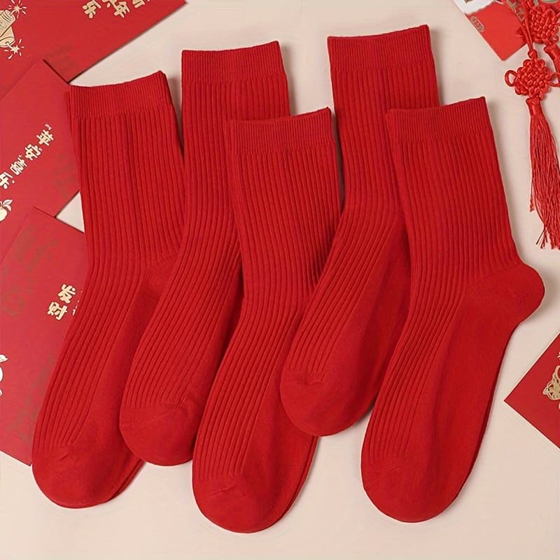 TEMU Pair Of 5, New Autumn/winter Warm Moisture-wicking Plain Solid Bright Year Festive Zodiac Year Unisex Over-the-knee Socks