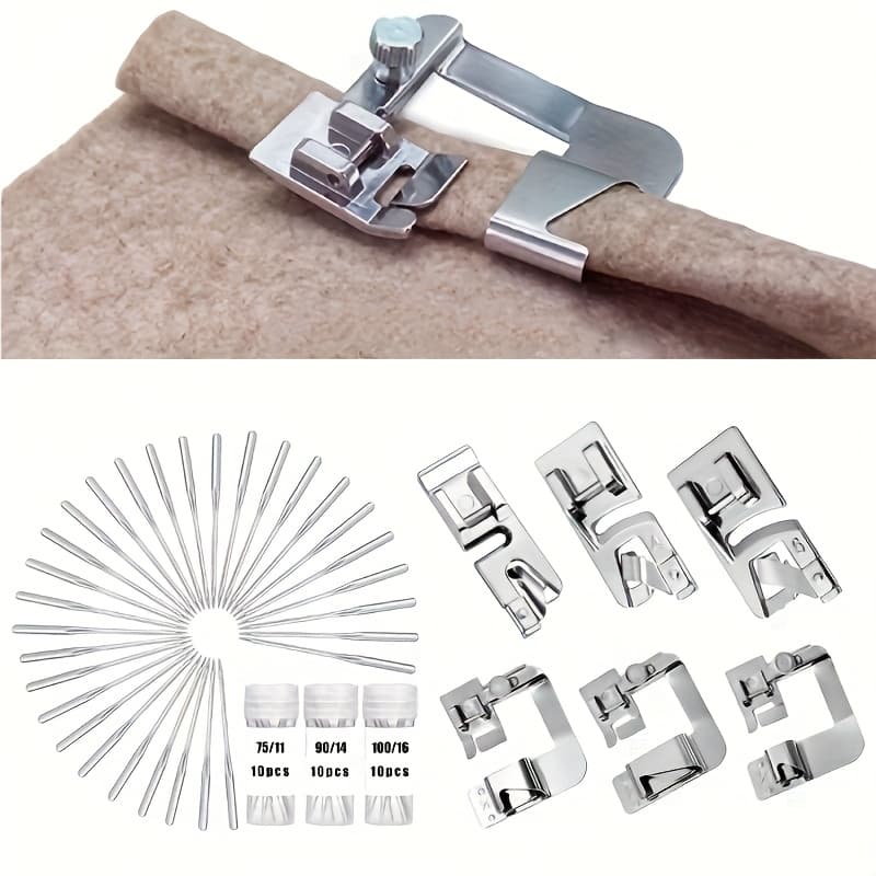 TEMU Home Sewing Machine Hemming Foot Set 36pcs With 30 Universal Needles, 3 Wide & 3 Narrow Roll Hem Feet, Durable & Long-lasting, Compatible With Most Home Sewing Machines