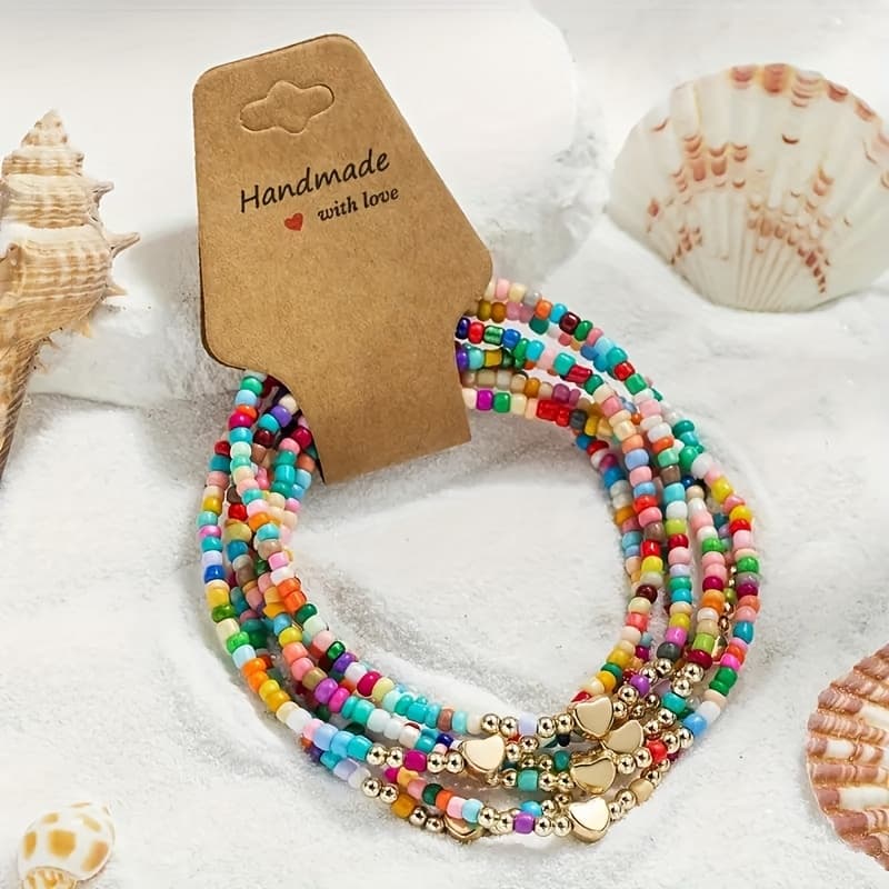 TEMU 7 Bohemian Beach Colorful Rice Bead Stacked Foot Chain, Alloy Love Random Colorful Rice Bead Elastic Women's Commuting Bracelet