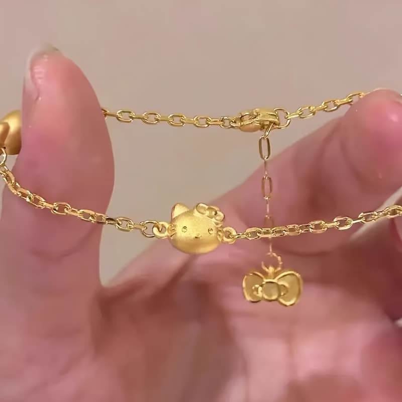 TEMU Officially Licensed Jewelry 1pc Vintage Golden Hello Kitty And Bow Pendant, Cute Cartoon Elegant Fashion Accessory, Suitable For Daily Wear And Best Gift For