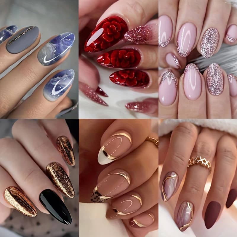 TEMU 144pcs (6 Pack) Red Flower Press On Nails Medium Almond Fake Nails Glitter False Nails Glossy Full Cover Stick On Nails Acrylic Reusable Floral Artificial Nails For Women Girls Glue On Nails
