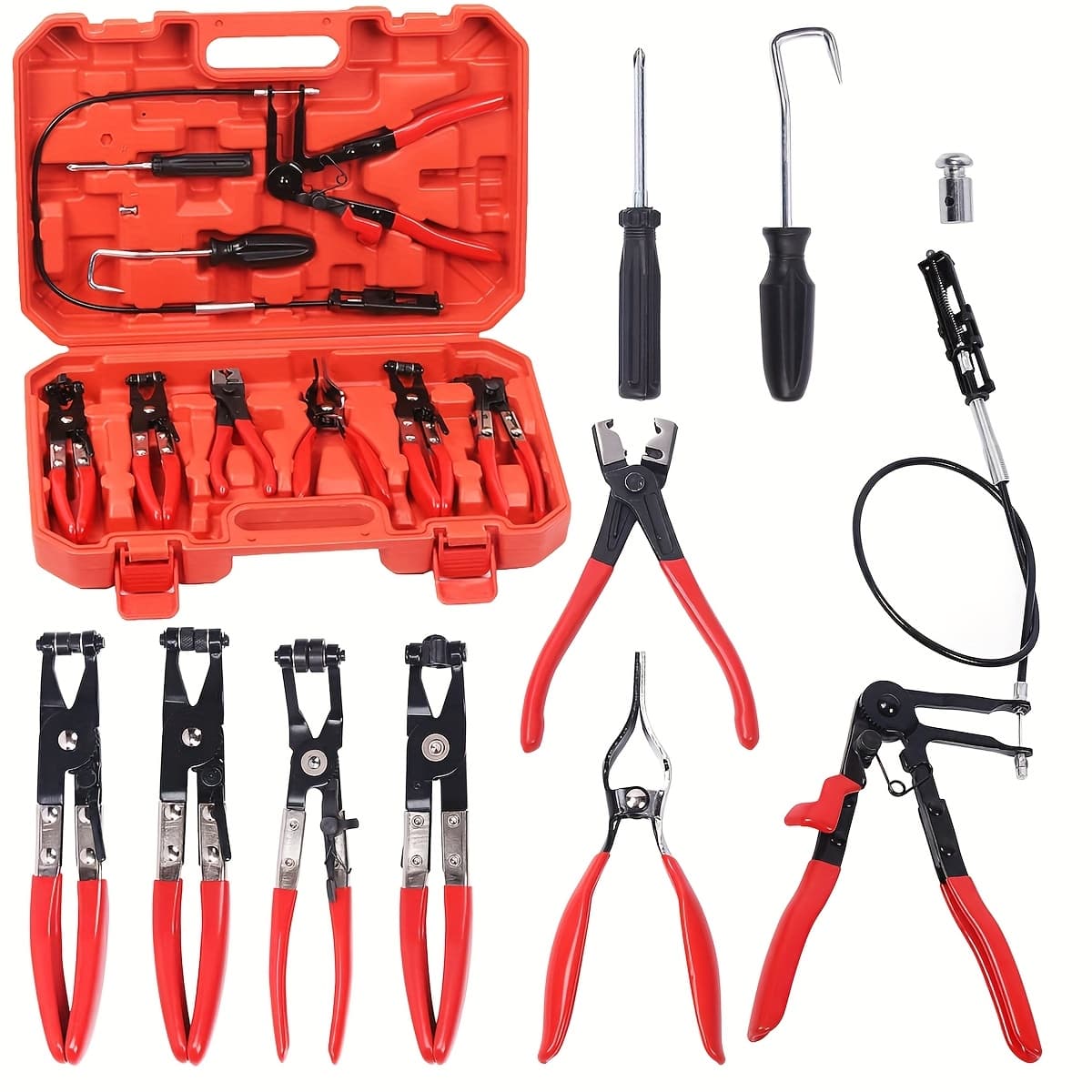 TEMU 9pcs Hose Clamp Pliers Tool Set, For Fuel Oil And Water Hoses, With Flexible Wire Long Reach Hose Clamp R Type Swivel Jaw And Flat Band Pliers Tool Set