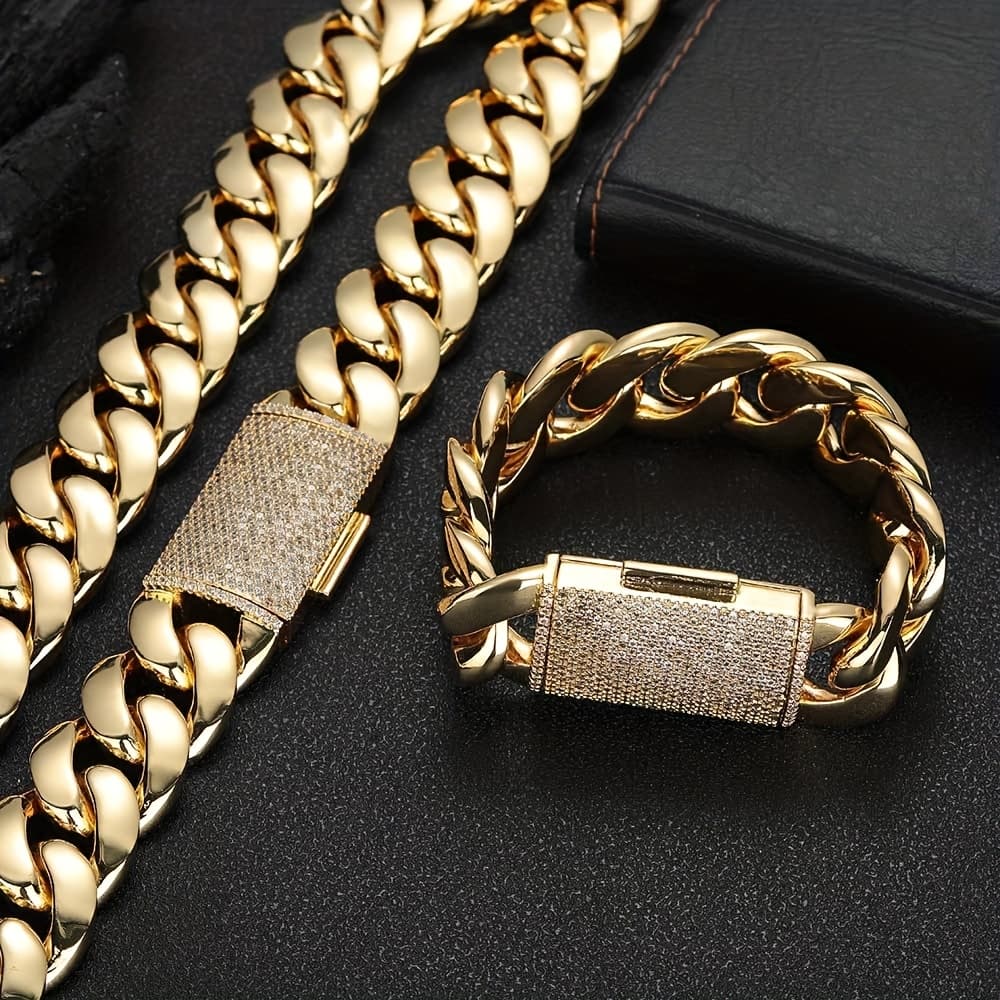 TEMU 2 12mm Trendy Bracelets And Necklaces Set, Hip-hop Jewelry, 18k Gold Plated-plated 316l Stainless Steel, Sturdy And Durable Men's Gift