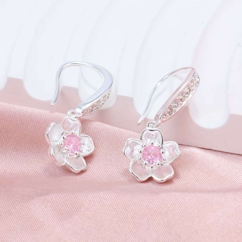 TEMU 925 Silver Exquisite Peach Pendant Earrings Pink Synthetic Zirconia Flower Pendant Earrings Small Fresh Earrings Women's Jewelry, Suitable For Daily Wear And Special Occasions