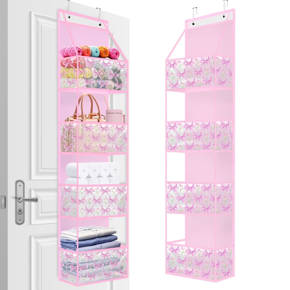 TEMU 1 Pack 4-shelf Over The Door Hanging Pantry Organizer Hanging Pvc Pockets Storage Shelf, Pink Bow Print Behind The Door Storage Organizer For Living Room, Bedroom