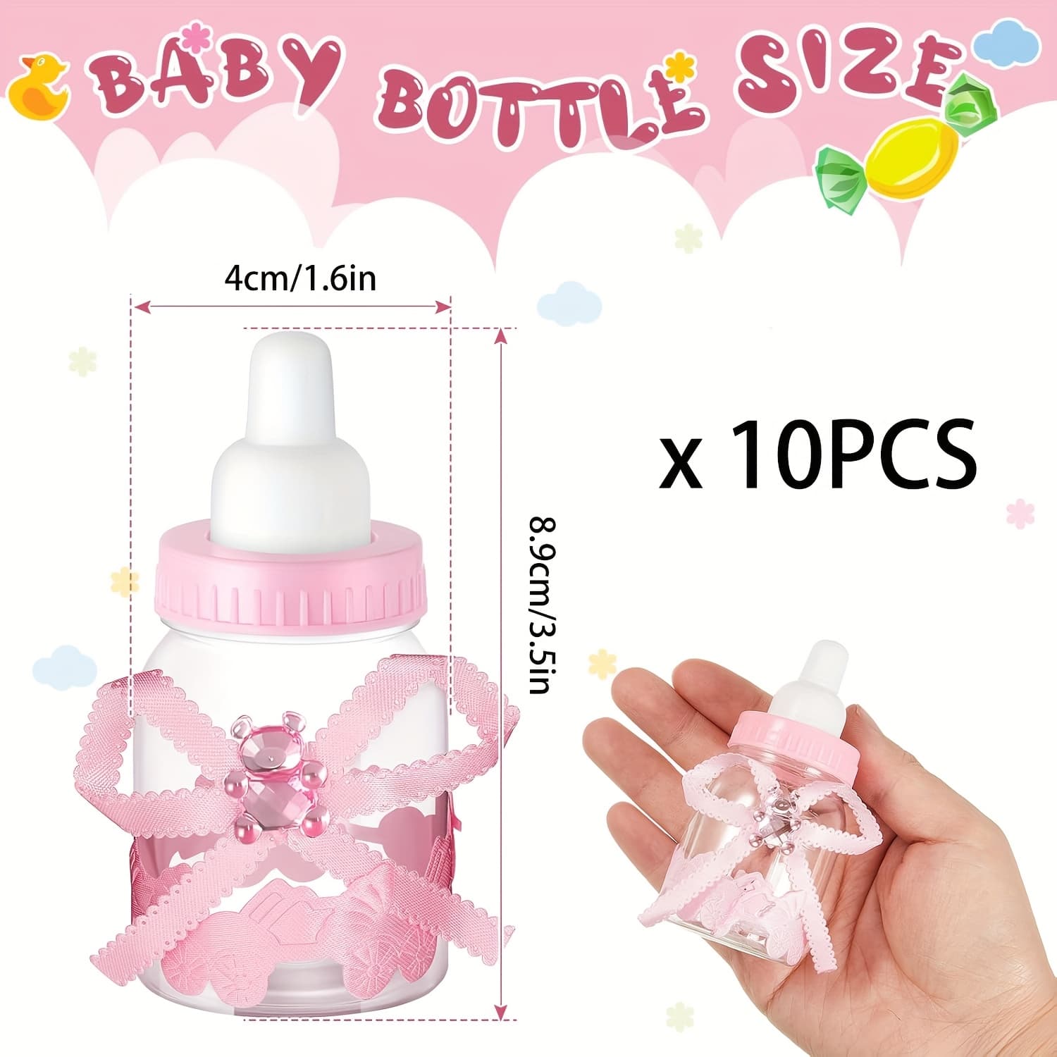TEMU Gift For Her/him 5/10pcs Baby Shower, Bath Bottle Mini Bottle Plastic Jar With Ribbon Baby Shower Guest Wedding Gift, Engagement Decor (pink)