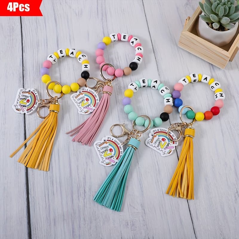 TEMU Set Of 4 Teacher's Day Acrylic Pendants With Colored Silicone Beads, Hand Chain Key Ring, Perfect For Graduation And Back-to-school Gifts
