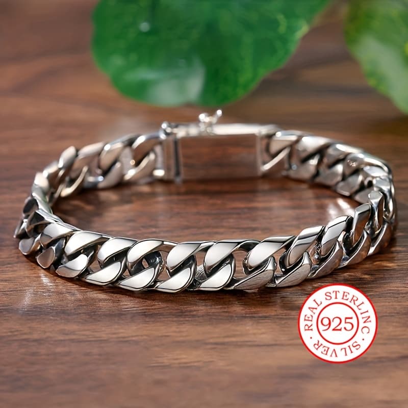 TEMU Eternal Retro Cuban Chain Bracelet - Sterling Silvery Jewelry - Durable And Stylish Bracelet