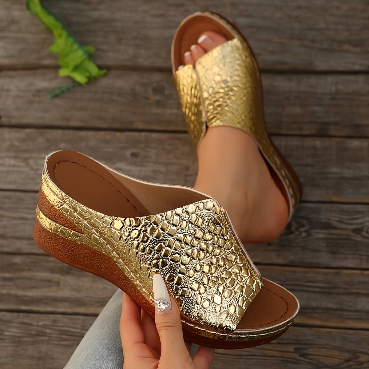 TEMU Summer Thick-soled Wedge Heel Sandals Over Shiny Decorated Versatile Women's Shoes, Women Shoes