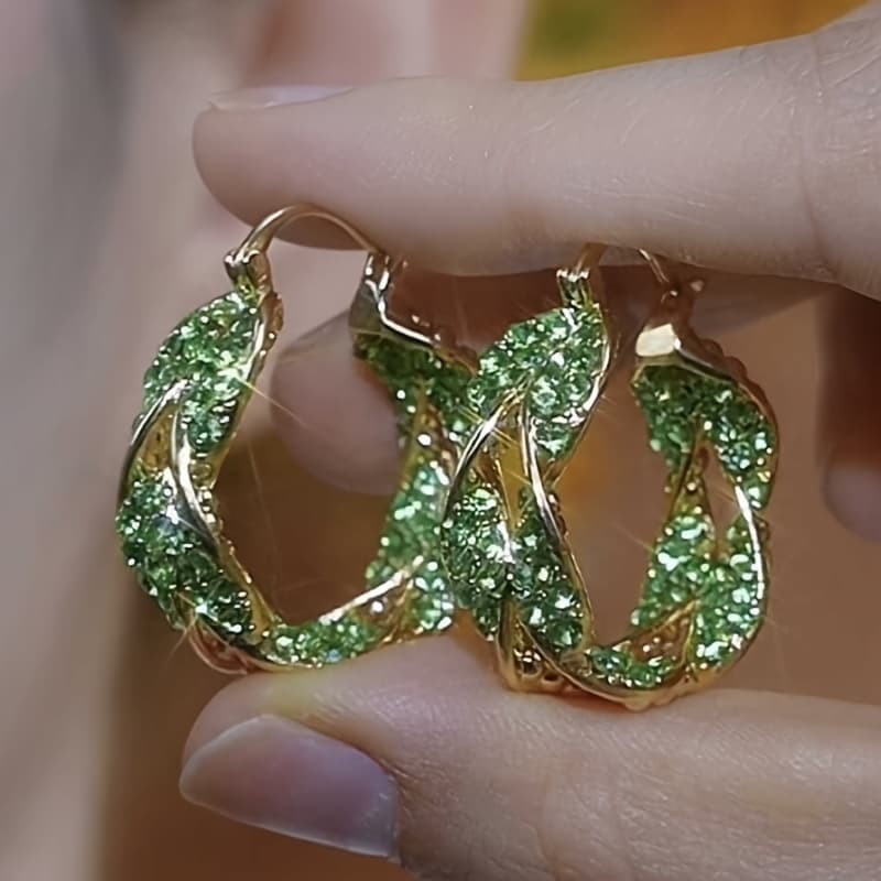 TEMU 1 Pair 's Twisted Hoop Earrings - Sparkling Green Metallic Retro Hoops With Golden-tone & Shine, Bling Statement For Parties, Daily Wear, Versatile Hoop Earrings (no Sensitive Beige Warnings)