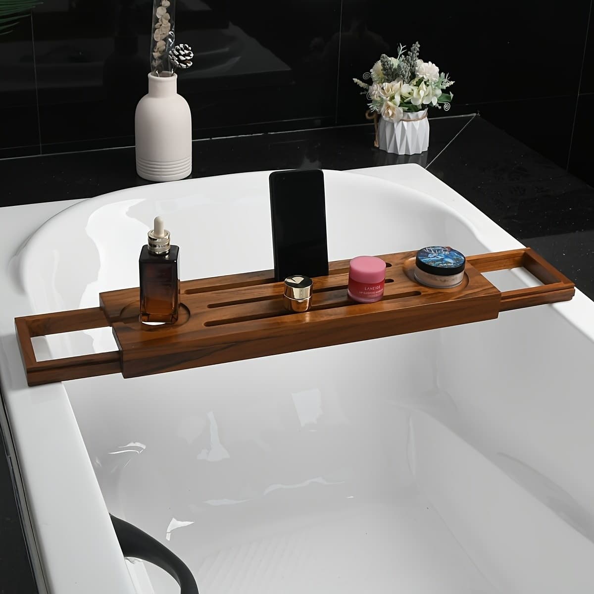 TEMU 1pc Adjustable Bathtub Tray | Wine Holder, Phone Slot & Book Rest, Non-slip Design, Collapsible For Convenient Storage