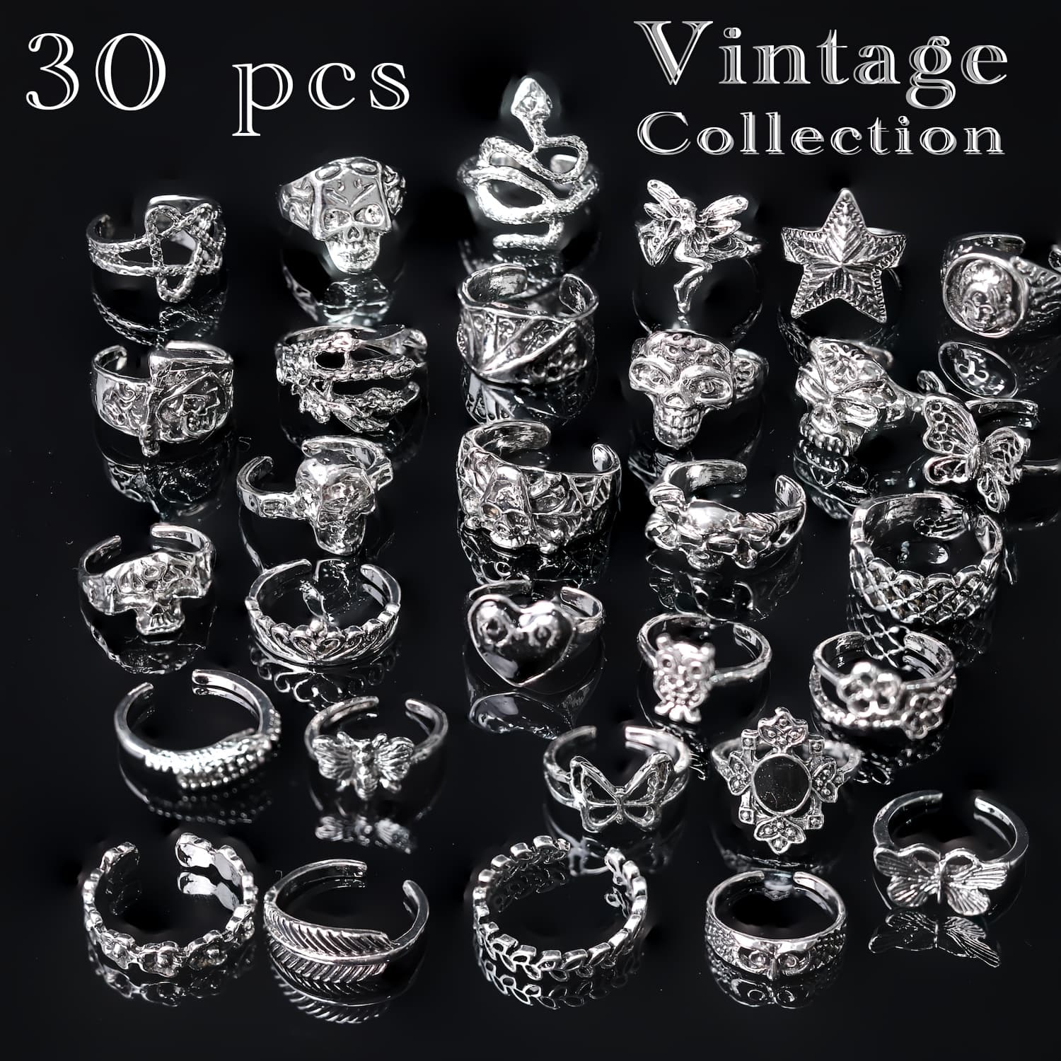 TEMU Collection Of 30 Stacking Rings Featuring Large Designs Like Punk Skulls, Butterflies, Crowns, Stars, Snakes, And A Boho Vintage Style. Are Open-sized And Adjustable, Made Of Solid Alloy.