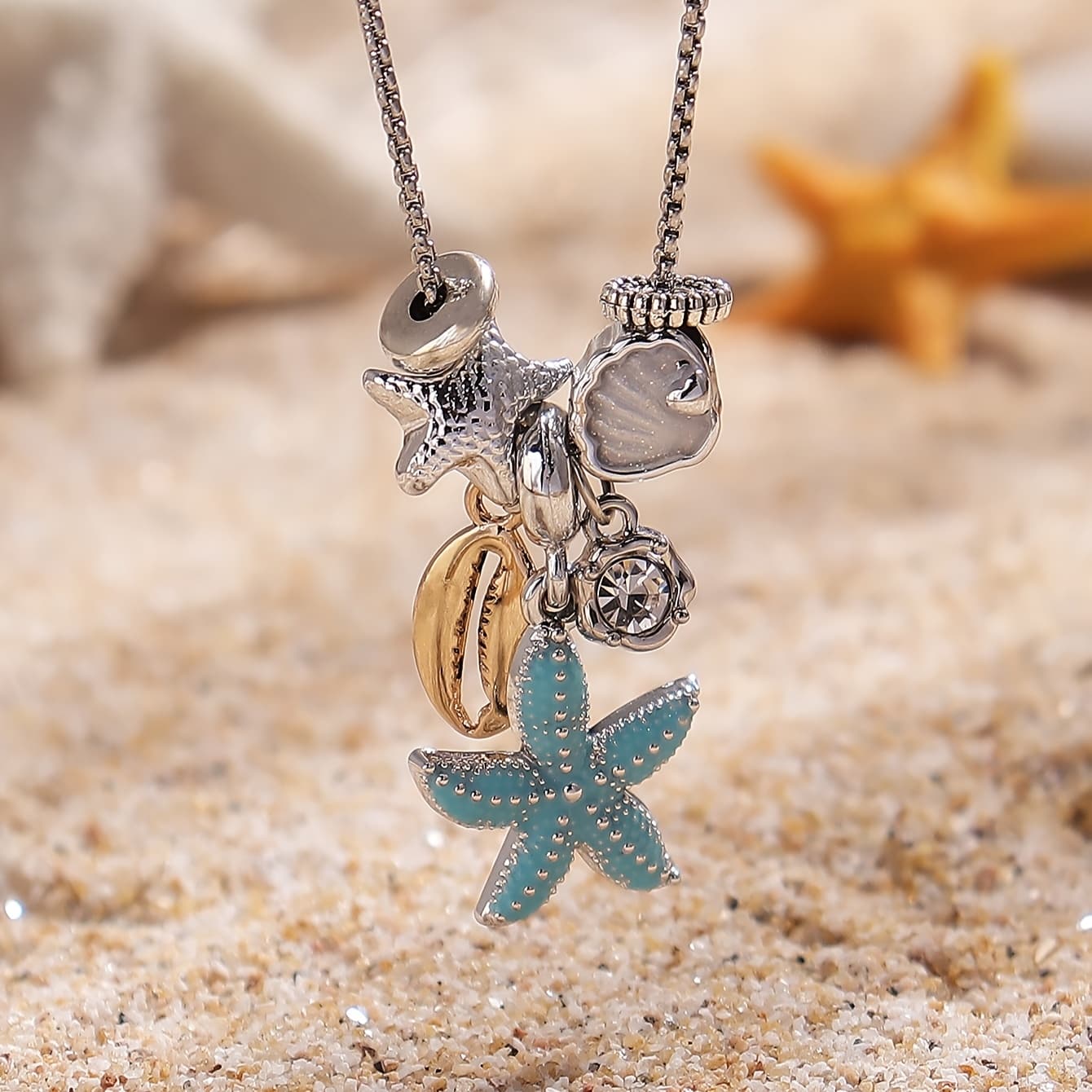 TEMU 1pc Ocean-themed -embellished Starfish & Seashell Pendant Necklace - Stainless Jewelry For Women, Durable Everyday & Vacation Wear For Travel, Parties, Casual