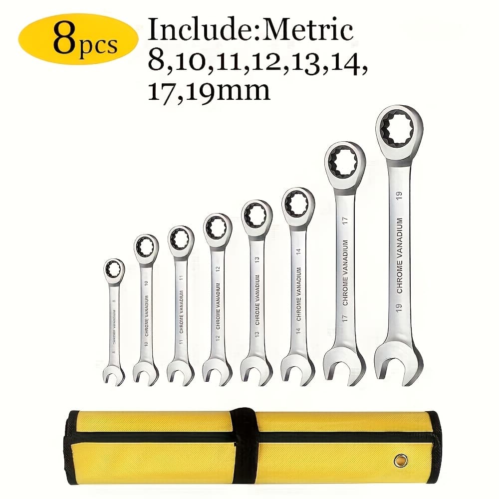 TEMU 8pcs Double-ended Ratchet Wrench Set, Professional Auto Repair Tool, Metric, 8++12+13+14+17+19 Mm, 72 Teeth, Cr-, Suitable For Home/automobile/mechanical Use, A For Daily Use And As A Gift
