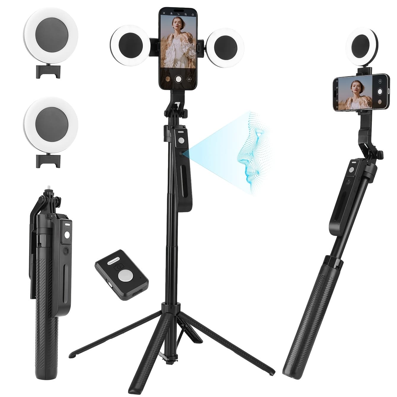 TEMU 2025 New Ai Selfie Stick Tripod, 360° Face Tracking. Multi- Phone Mount W/ Remote & Fill Light, Adjustable Height, Sturdy Base. Compatible W/ Iphone & , For Youtube Recording & . Sleek , Durable.