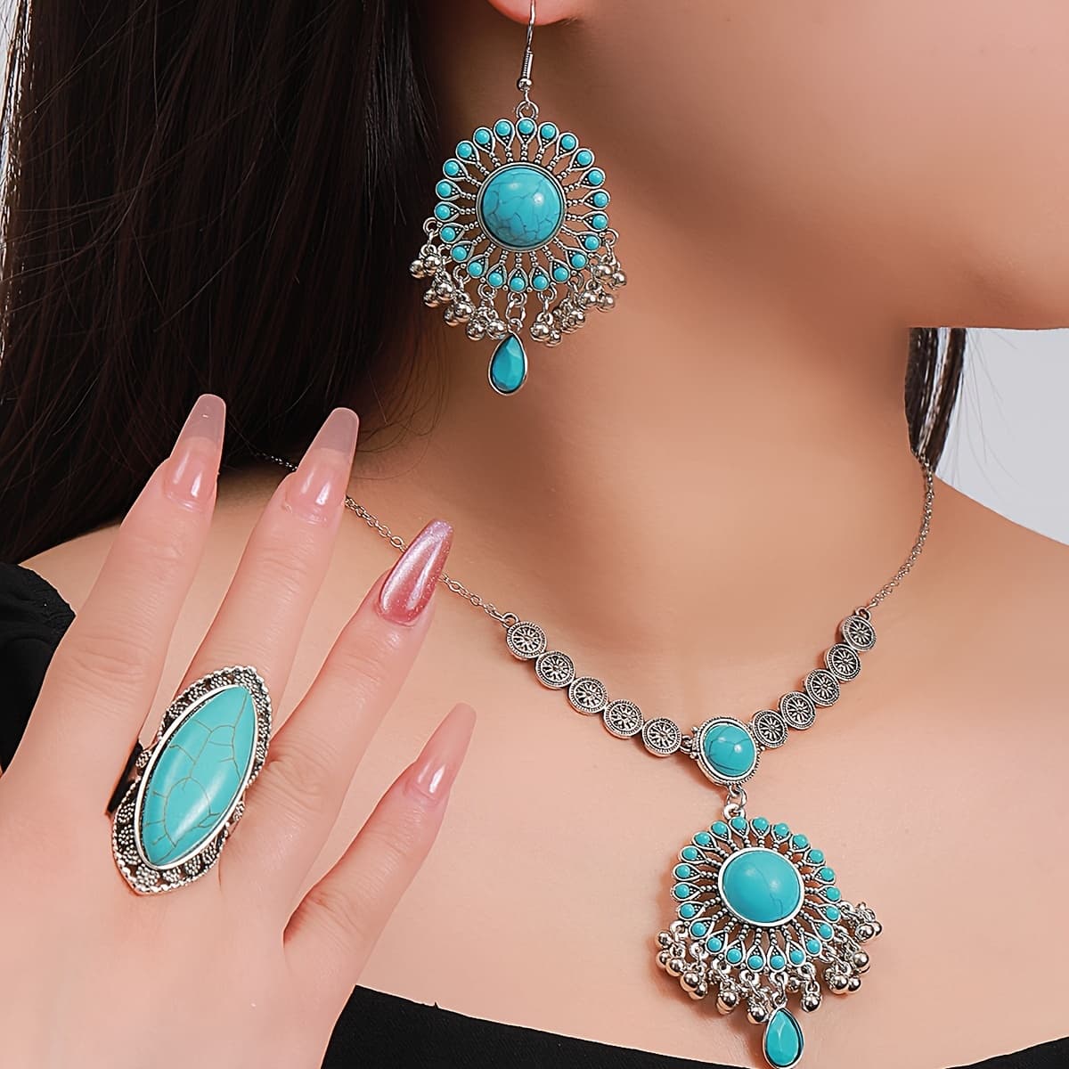 TEMU Bohemian Turquoise Necklace Set For Women