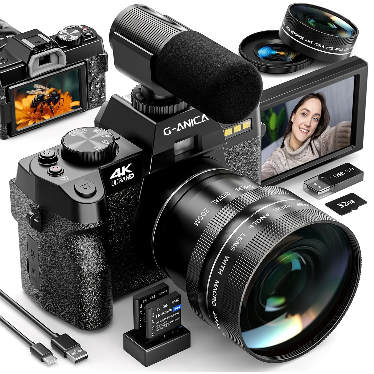 TEMU Nbd 4k Digital Cameras For Photography, 48mp Camara Fotograficas, Travel Vlogging Cameras With 16x Digital Zoom, Flip Screen, 52mm Macro Lens, 2 Batteries, 32gb Sd Card(black)