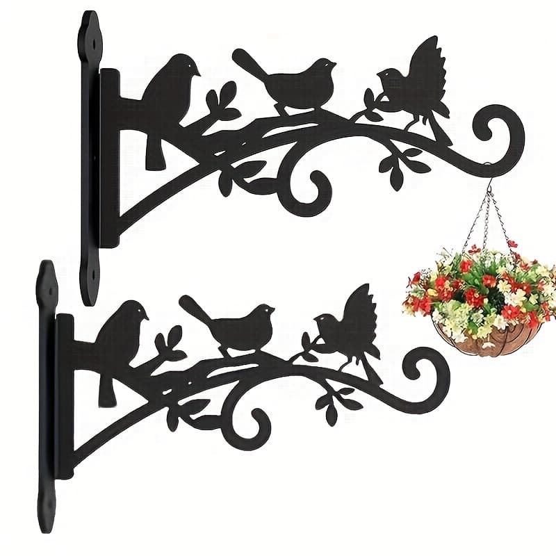 TEMU Set Of 2 Plant Hangers Featuring A Black Metal Hook With Of And Leaves - Sturdy Outdoor Hooks For Flower Baskets, Solar Lights, Bird Feeders, And Wall Decor, Easy To Set Up Without Batteries