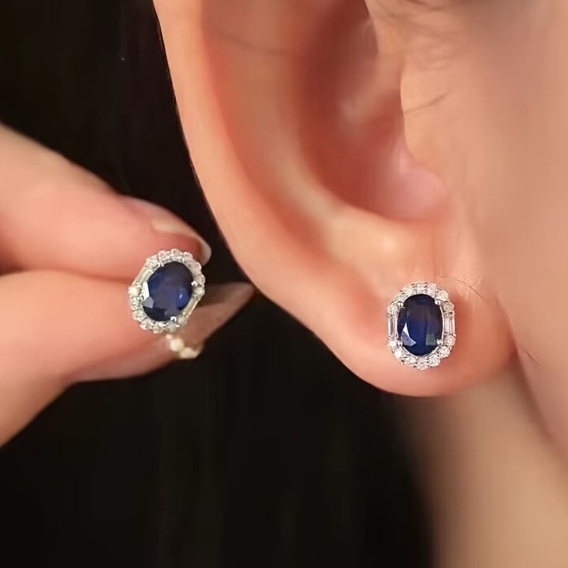 TEMU 2.4g Luxurious S925 Pure Silver Four-claw Rectangular Round Blue Geometric Engagement Gift Jewelry Earrings For Women