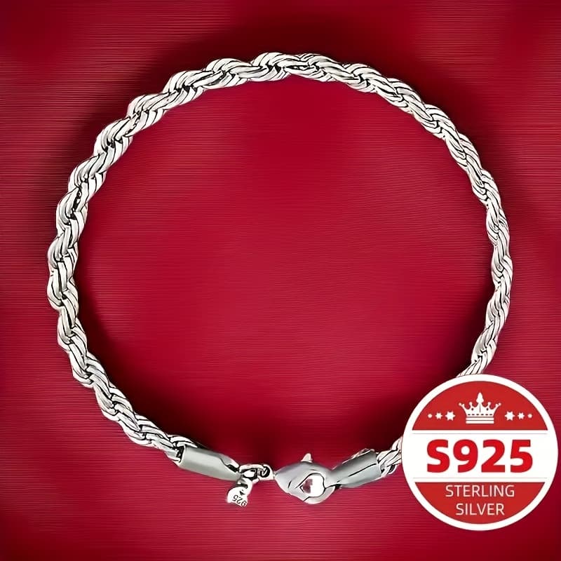 TEMU S925 Sterling Silver Twisted Link Bracelet For Women - Elegant Party Jewelry With Pendant And Secure Clasp, Stylish, And Versatile Accessory
