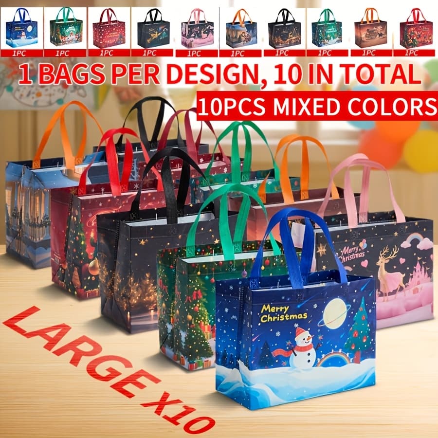 TEMU Gift For Her/him 10pcs Mixed Colors Large Christmas Gift Bags, Non-woven Fabric, Patterns, Xmas Party Favor Bags, All Season, Grocery Shopping Bag, Picnic Bag, Reusable Shopping Bag