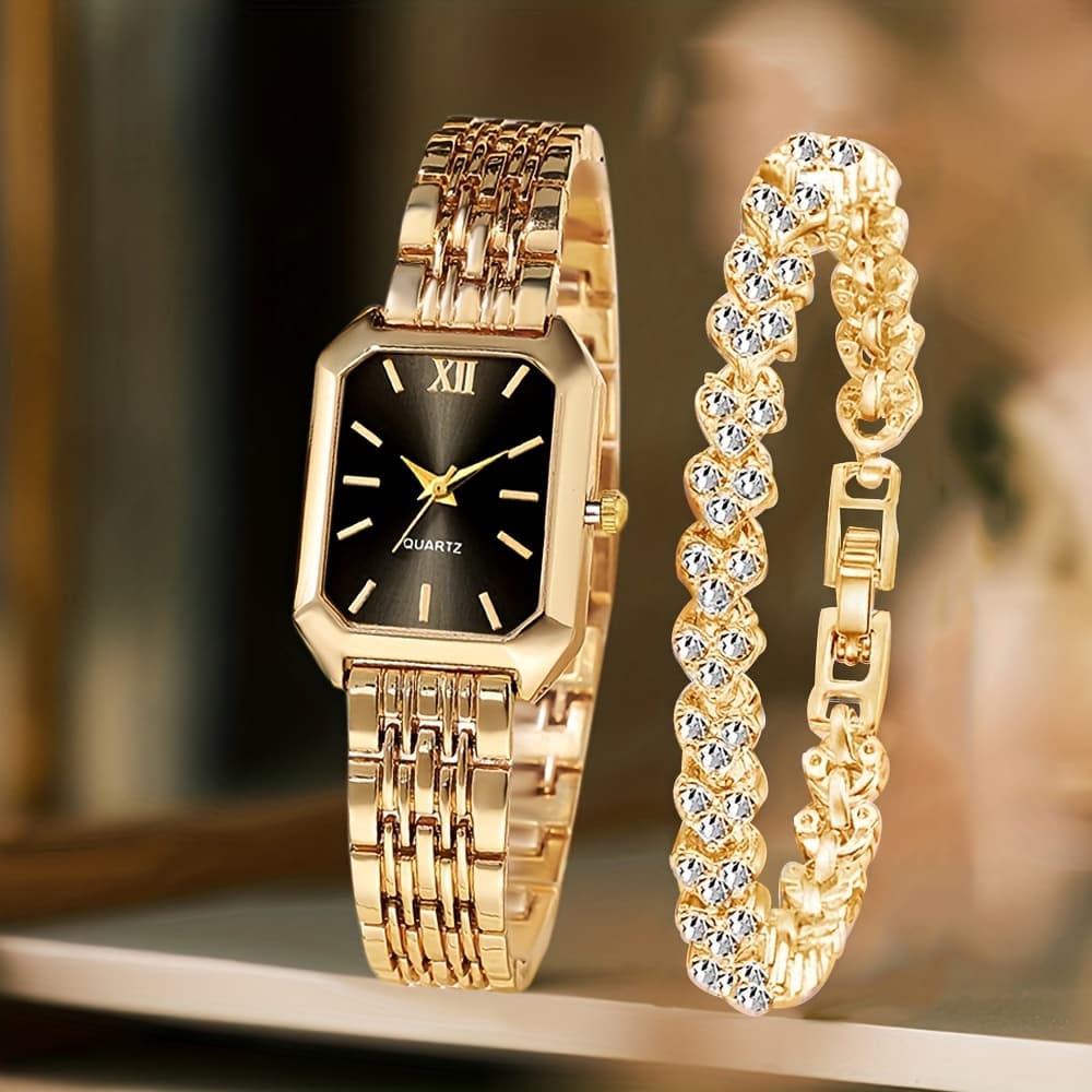 TEMU 2pcs Women's Elegant Retro Watch Set - Luxury Heart Chain Quartz Watch With Rectangular Dial & Stainless, Court Style Wristwatches For Easter, Wedding, Or Casual Attire - Classic Gift