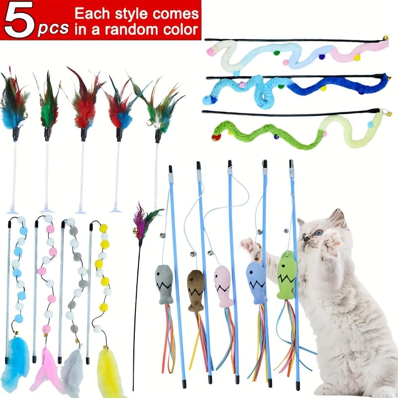 TEMU 5pcs Cat Teaser Wand Set, Each Style Comes In A Random Color