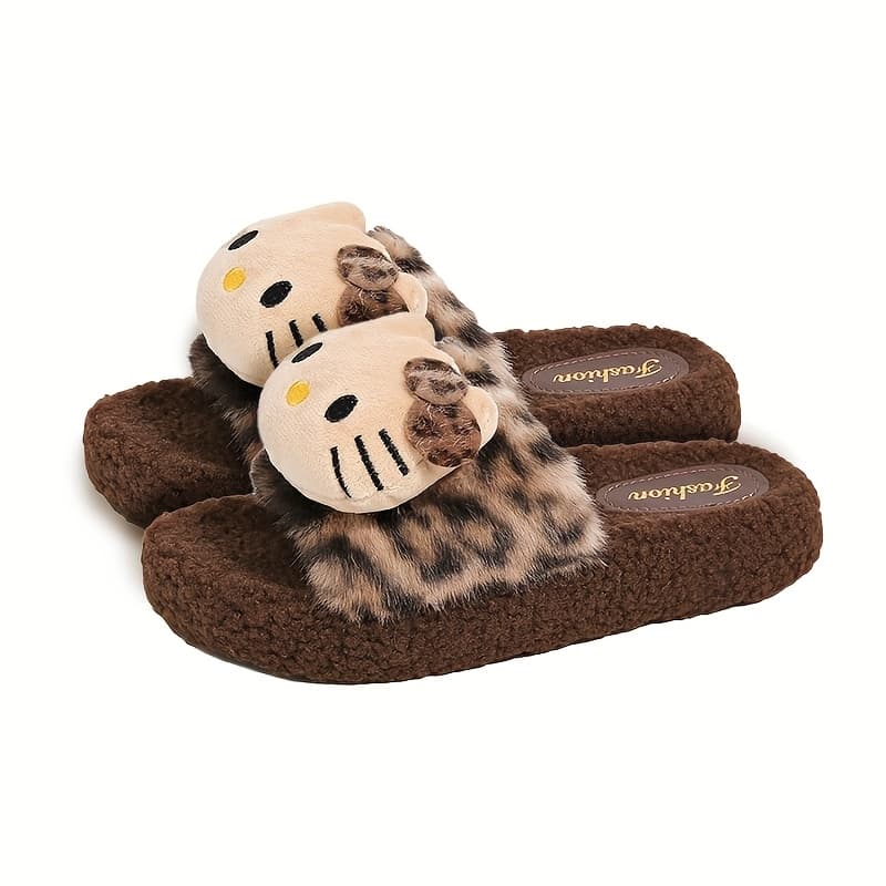 TEMU Hello Kitty-inspired Slippers | Plush Leopard Print Fuzzy House Shoes | Non-slip Thick Sole And Warm Faux Fur Lining | Indoor/outdoor Winter Cozy Footwear, Women Shoes