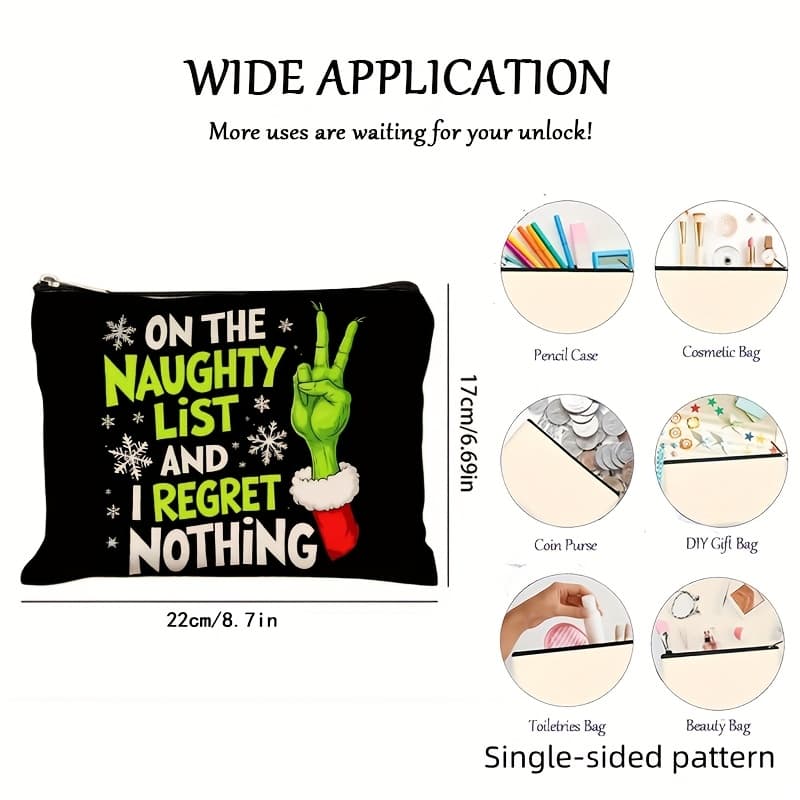 TEMU 1pc Makeup Bag, Toiletry Bag, Storage Pouch, Travel Bag, Black Christmas Themed Print "on The And I Regret " With Green "peace" Hand Gesture Pattern, Storage Accessory For Women