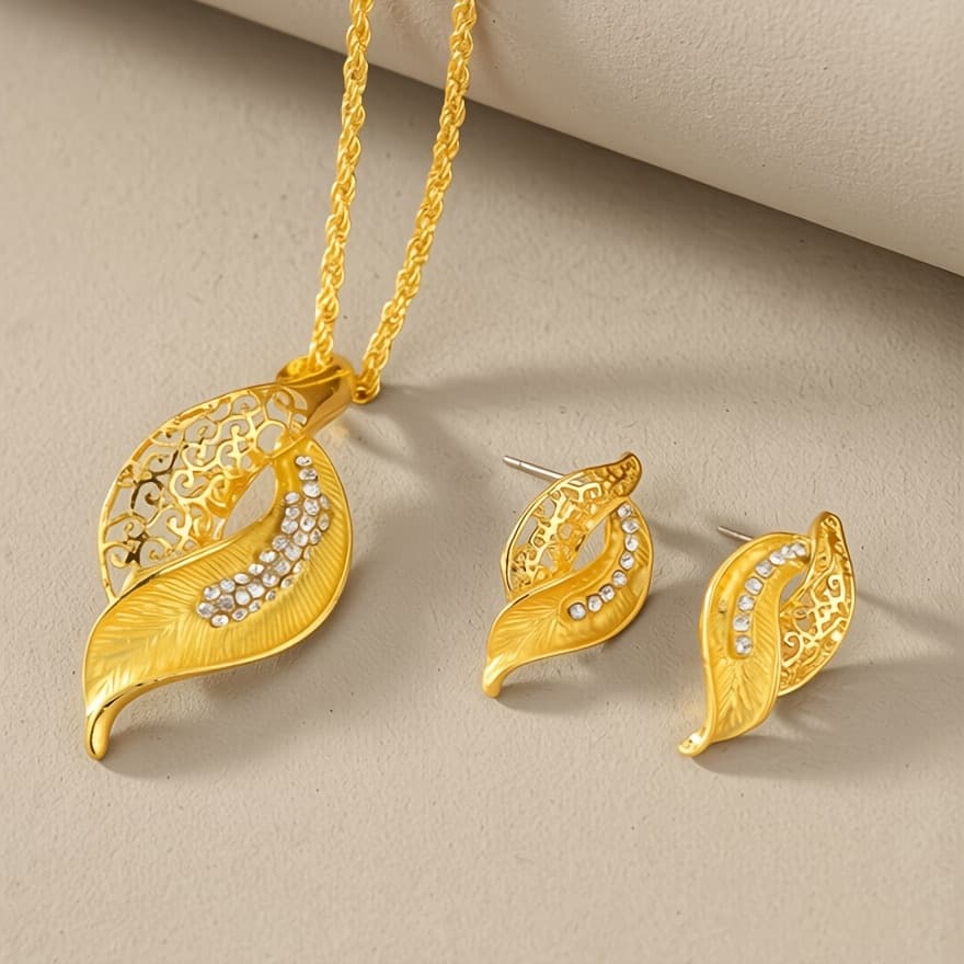TEMU Leaf-shaped Necklace And Earrings Jewelry Set