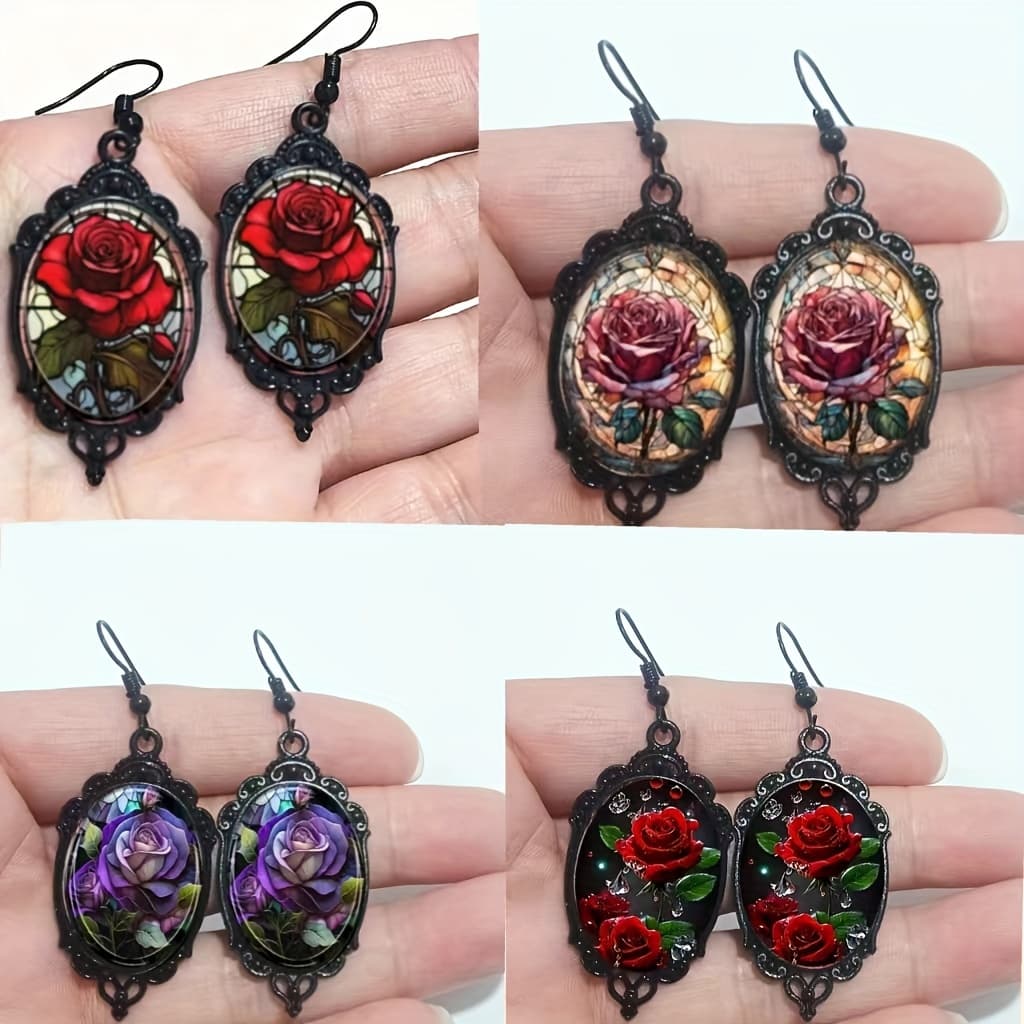 TEMU 4 Pairs Glass Cabochon Drop Earrings - Black Frame, Alloy & Iron Ear Hooks, Floral Glass , Elegant Vintage Style, - Ideal Gift For Her, .
