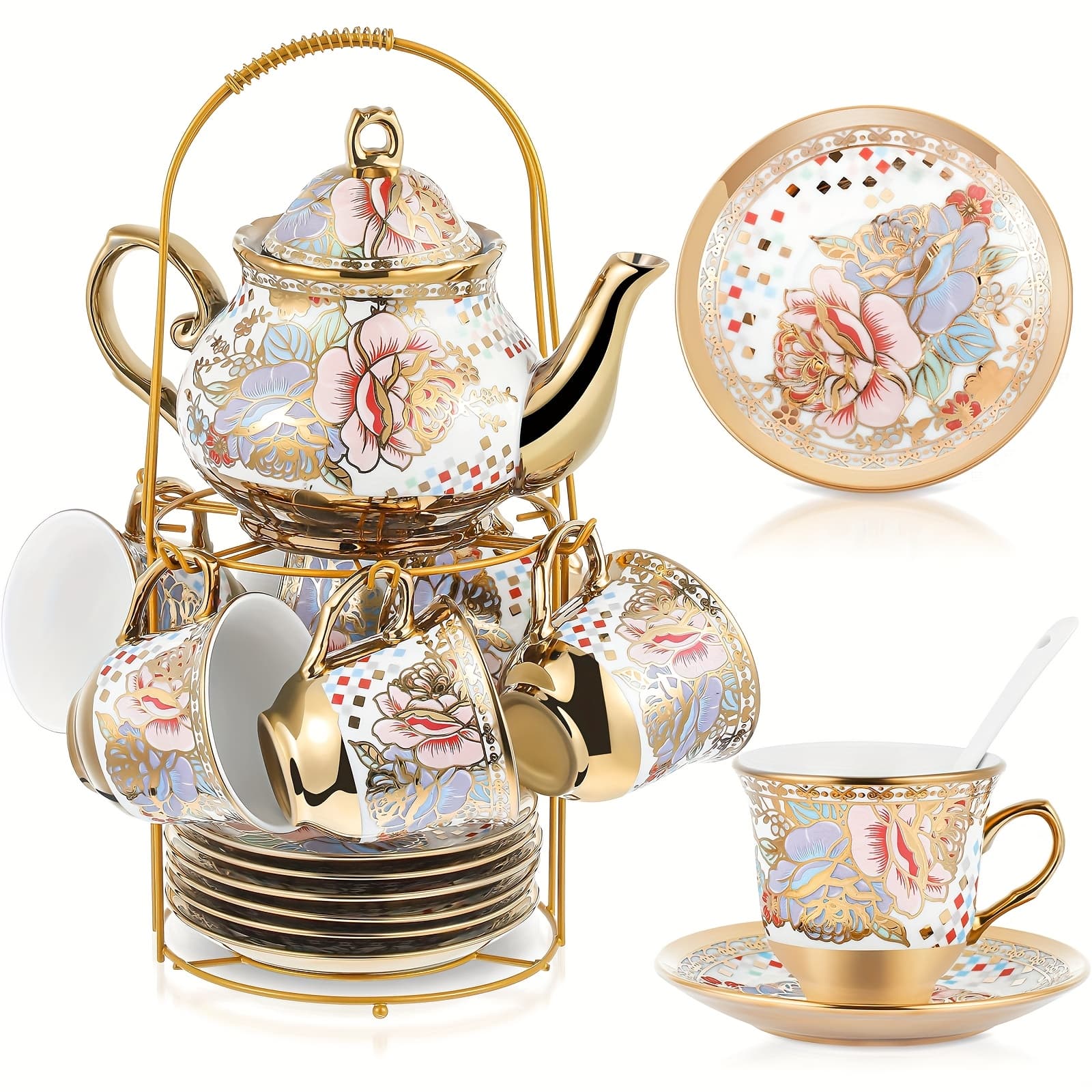 TEMU 20pcs Porcelain Tea Set With Metal Holder And Spoon Adult Ceramic Tea Party Set Painting Teapot Cup Saucer Spoon Set For Women, Large Version(rustic Style)