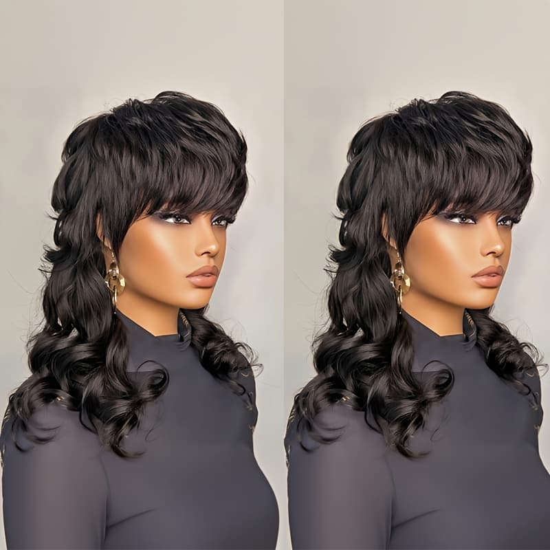 TEMU Long Curly Wave Mullet Head Wig Human Hair 10inch 150% Density Machine Made Glueless Wig For Women Wolf Tail Style Human Hair Brazilian Hair Natural Black Color For Daily Wear