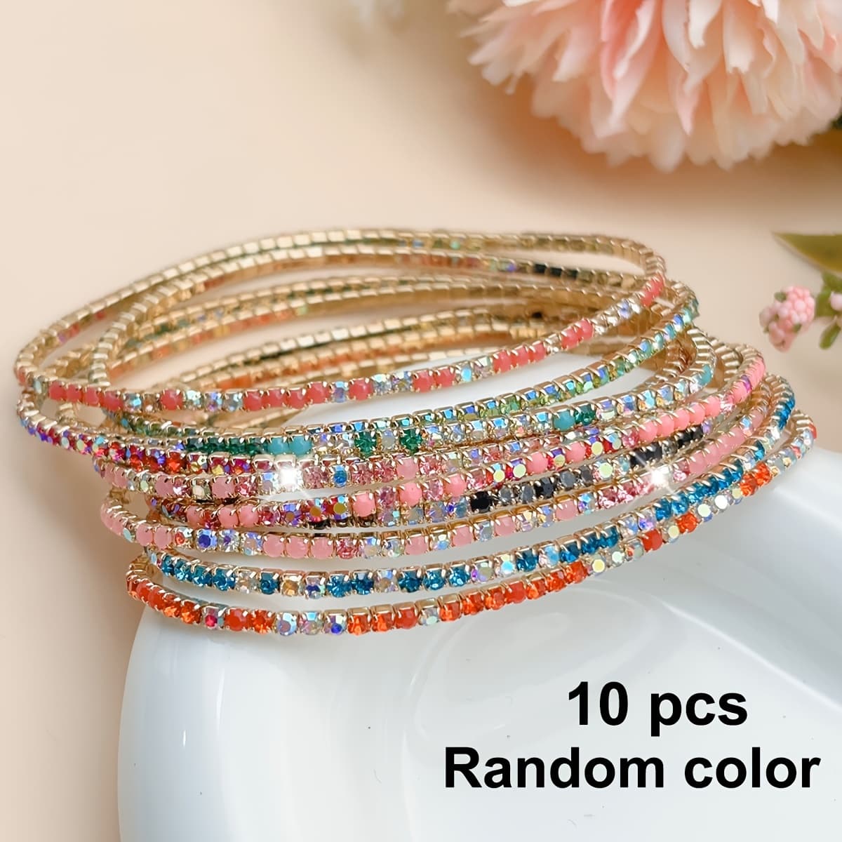 TEMU 10pcs Ultra-thin Inlaid Colorful Sparkling Stretch Stackable Women's Bracelet Fashion Gift For Parties, Vacations, Holidays, Daily Wear - Colors Random