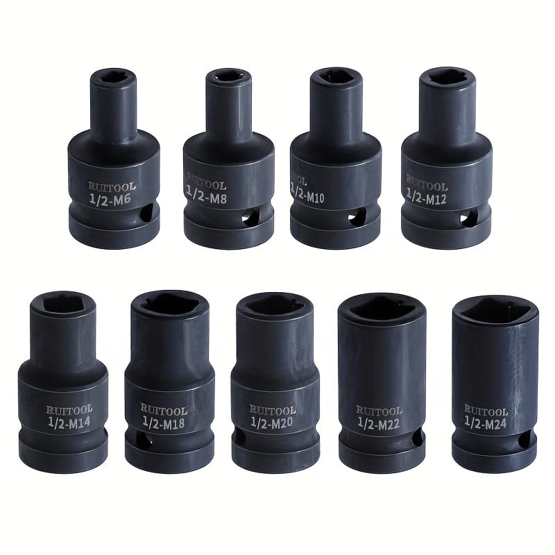 TEMU 9pcs Alloy Steel Tap Socket Set, 1/2'' Drive - M6 To M24 Electric Wrench Adapter For Impact Drivers, Industrial Tools