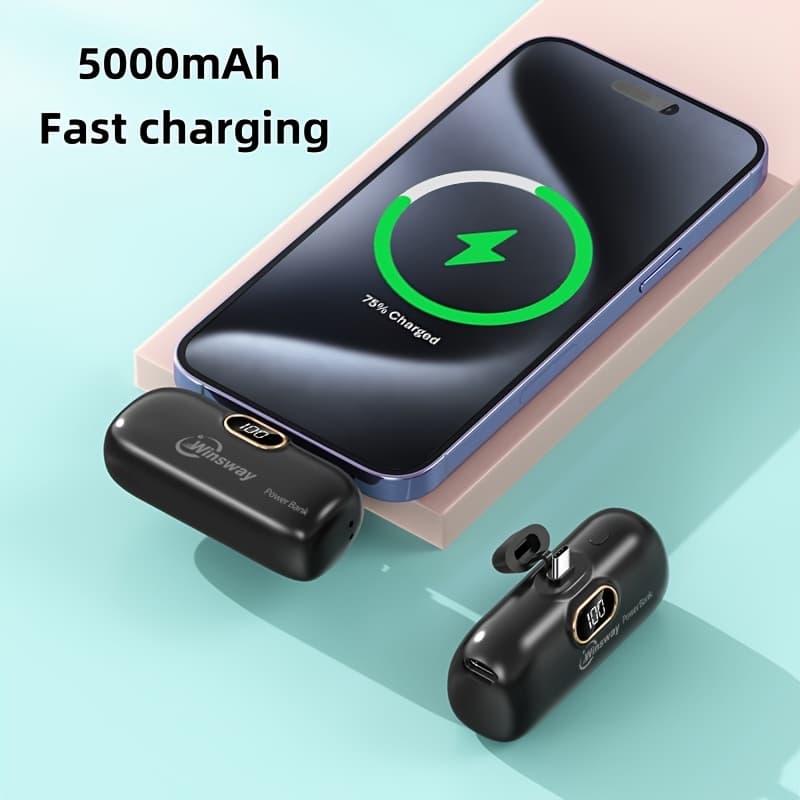 TEMU Winsway 5000mah Portable Power Bank Type- Wireless Fast Charging Compact Portable Metal Tail Plug Upgrade Firm For Phone 17/16/16 Plus/15 Pro/15 Pro Max/pad Pro/ Mobile Phone